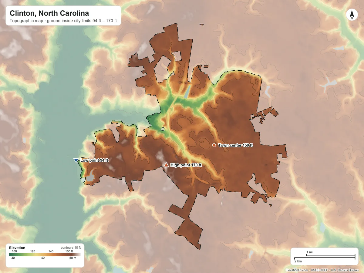 Topographic elevation map of Clinton, North Carolina, shaded from 94 ft on the west side to 170 ft on the west side
