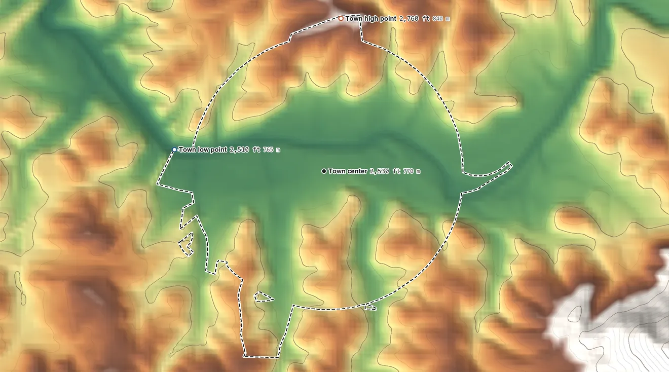 Topographic elevation map of Clyde, North Carolina, shaded from 2,510 ft on the west side to 2,760 ft at the foot of the Great Balsam Mountains
