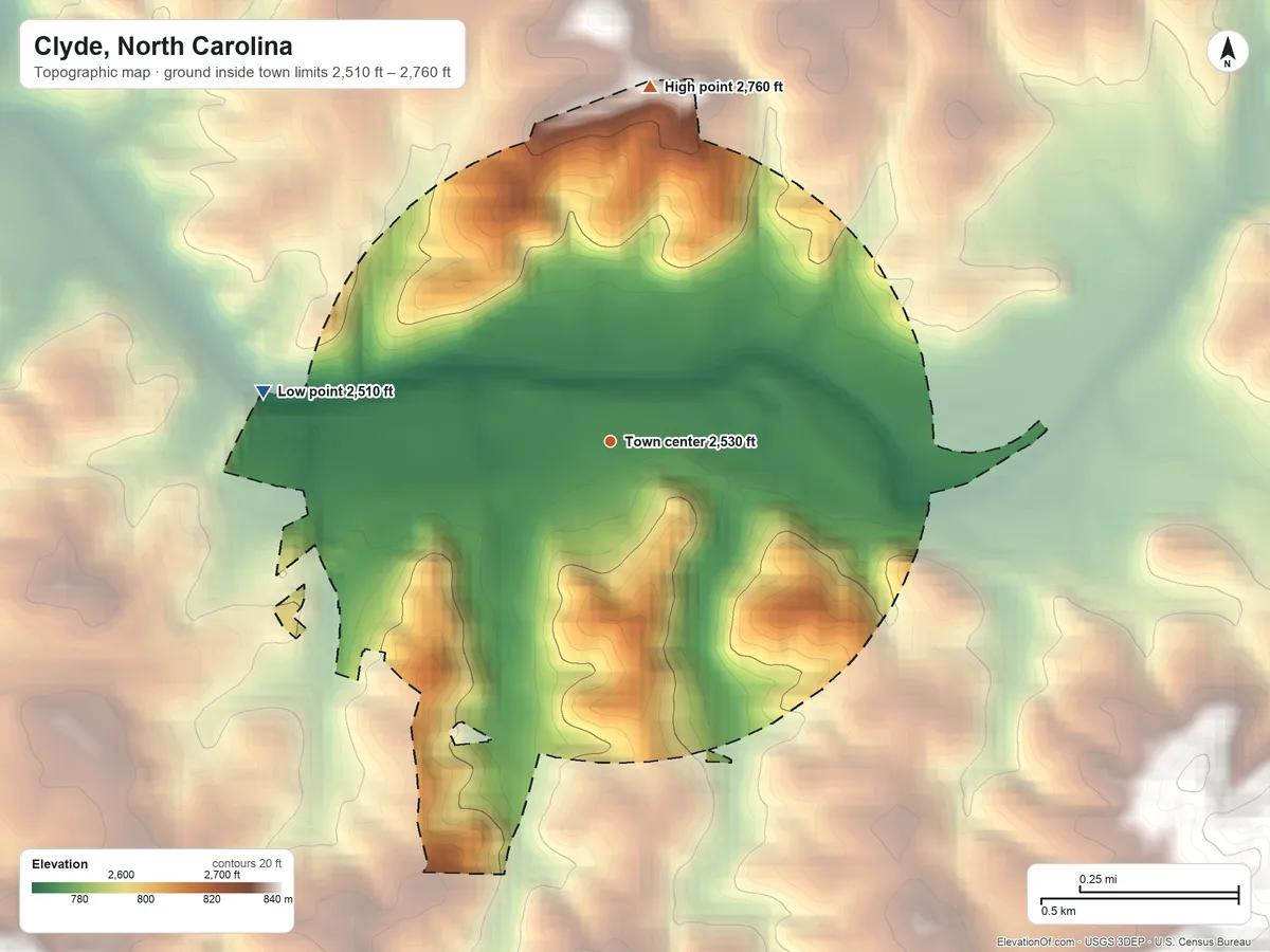 Topographic elevation map of Clyde, North Carolina, shaded from 2,510 ft on the west side to 2,760 ft at the foot of the Great Balsam Mountains