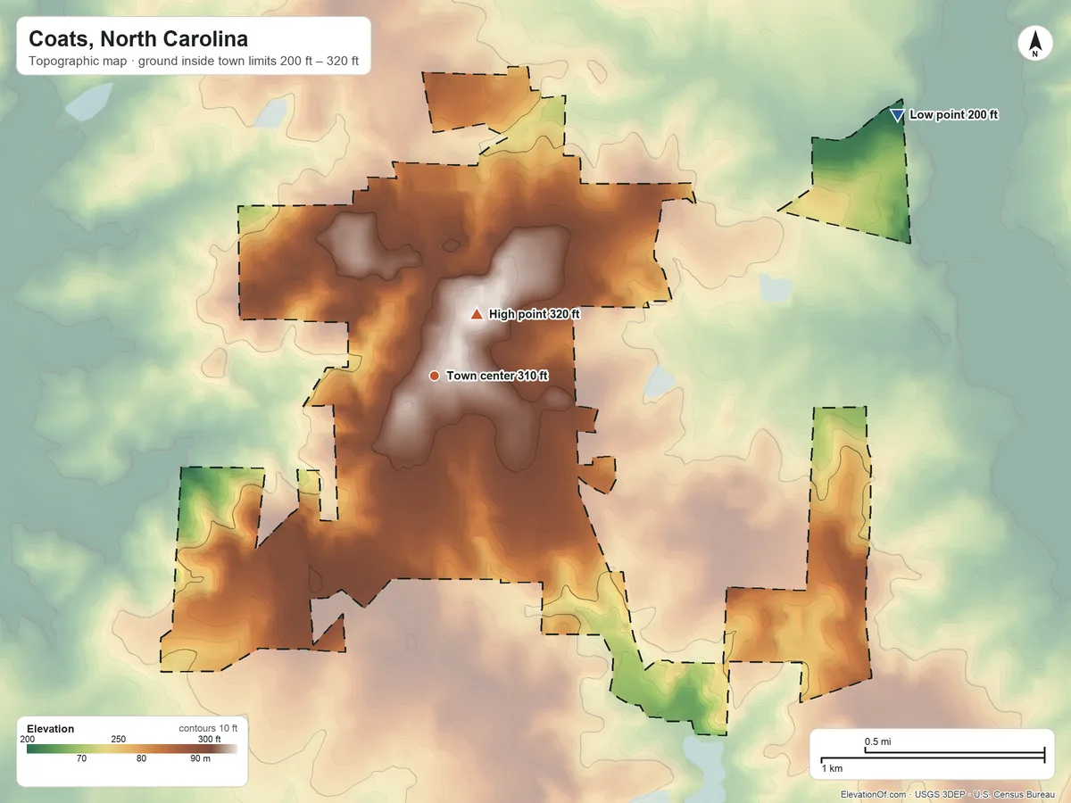 Topographic elevation map of Coats, North Carolina, shaded from 200 ft on the northeast side to 320 ft near the middle