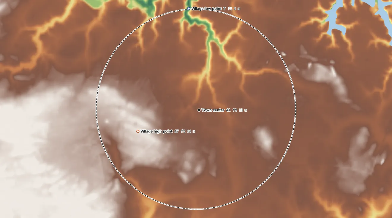 Topographic elevation map of Cofield, North Carolina, shaded from 7 ft on the north side to 47 ft on the west side