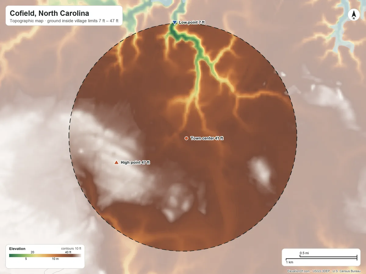 Topographic elevation map of Cofield, North Carolina, shaded from 7 ft on the north side to 47 ft on the west side