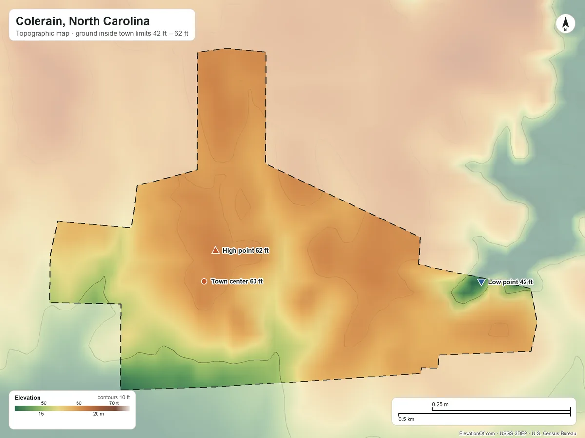 Topographic elevation map of Colerain, North Carolina, shaded from 42 ft on the east side to 62 ft near the middle