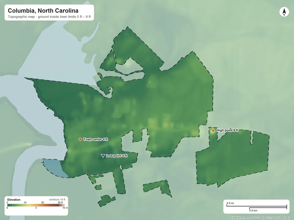 Topographic elevation map of Columbia, North Carolina, shaded from 0 ft near the middle to 9 ft on the east side