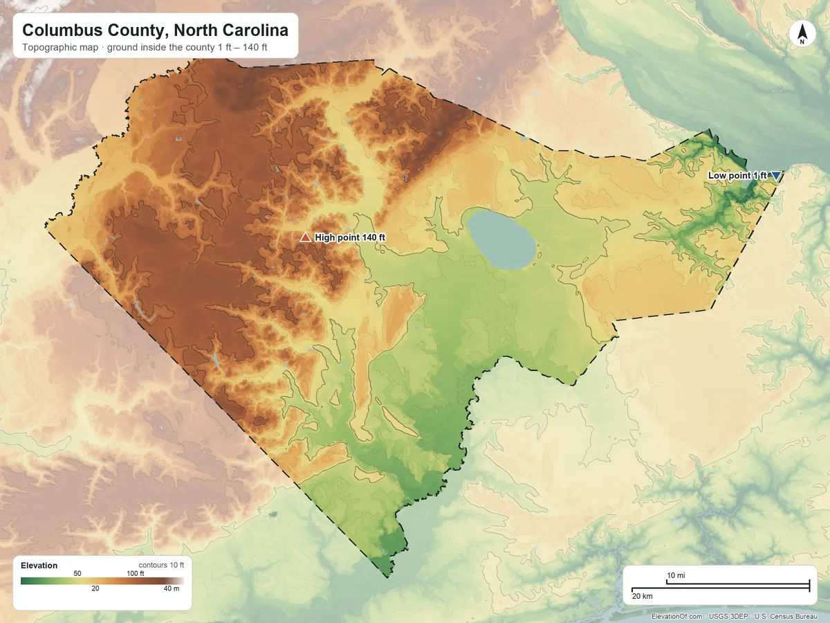 Topographic elevation map of Columbus County, North Carolina, shaded from 1 ft on the east side to 140 ft on the northwest side