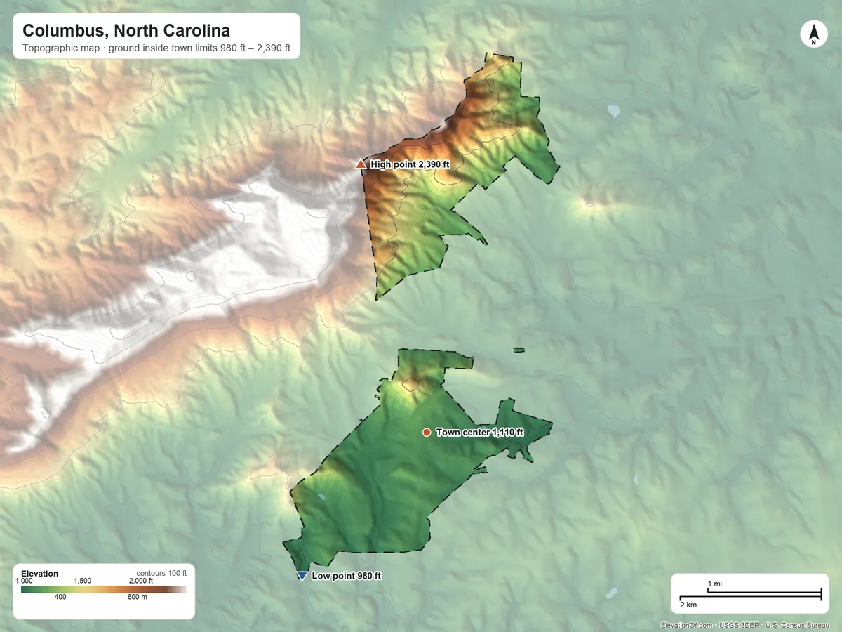 Topographic elevation map of Columbus, North Carolina, shaded from 980 ft on the southwest side to 2,390 ft on the north edge, below higher ground just outside