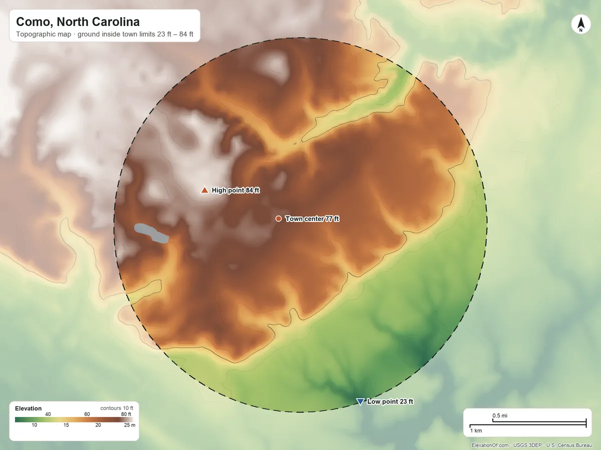 Topographic elevation map of Como, North Carolina, shaded from 23 ft on the southeast side to 84 ft on the west side
