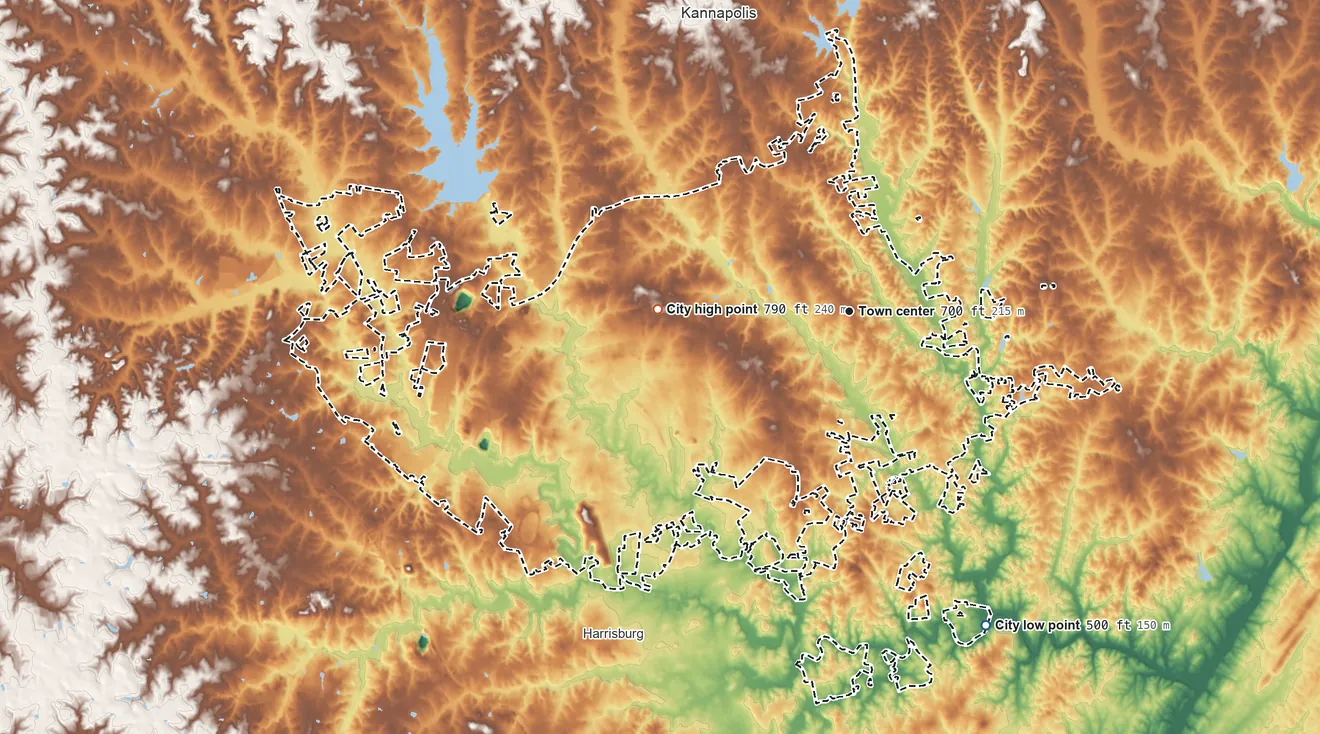 Topographic elevation map of Concord, North Carolina, shaded from 500 ft on the southeast side to 790 ft on the west side
