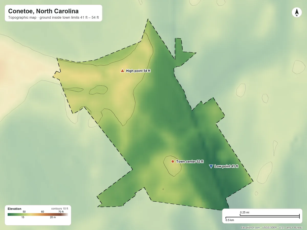 Topographic elevation map of Conetoe, North Carolina, shaded from 41 ft on the east side to 54 ft on the northwest side