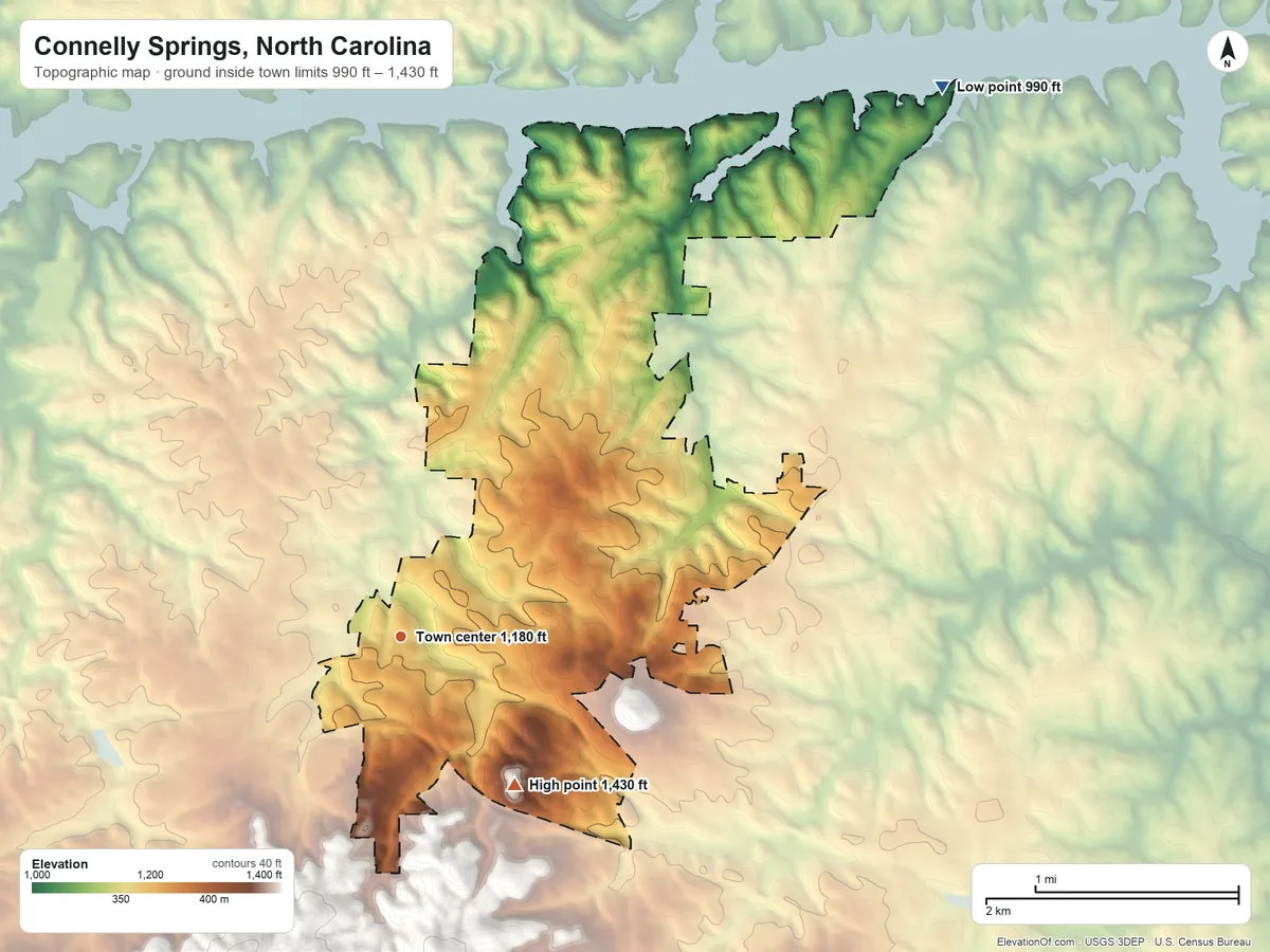 Topographic elevation map of Connelly Springs, North Carolina, shaded from 990 ft on the northeast side to 1,430 ft at the foot of the Montague Hills