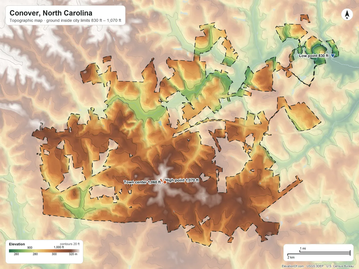 Topographic elevation map of Conover, North Carolina, shaded from 830 ft on the northeast side to 1,070 ft near the middle