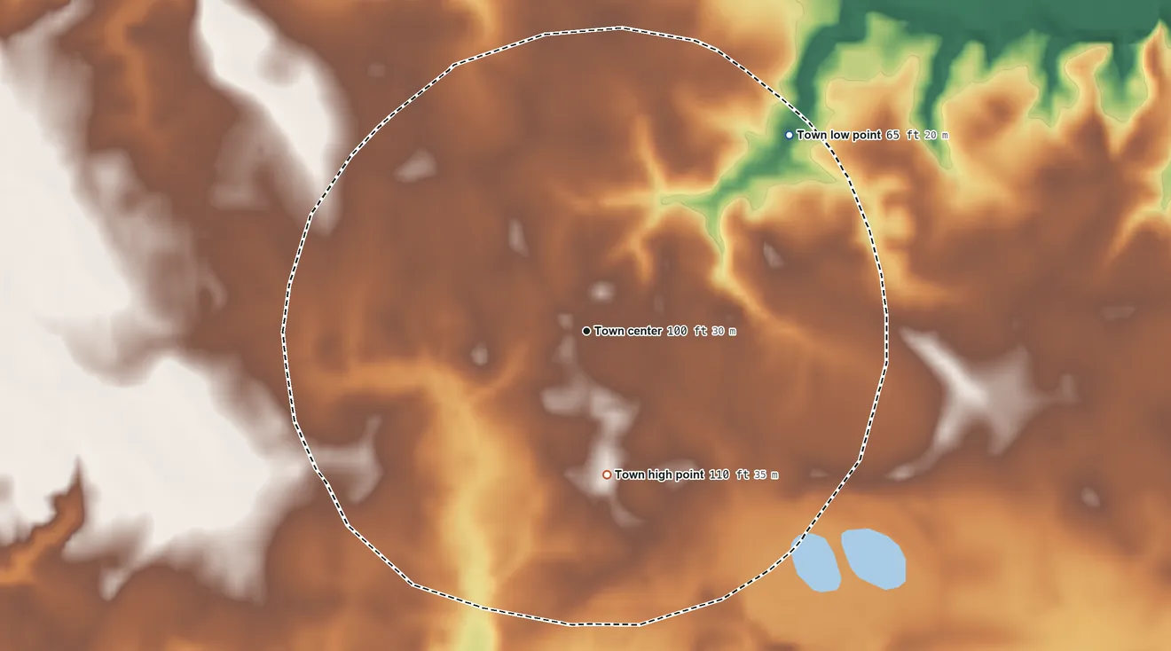 Topographic elevation map of Conway, North Carolina, shaded from 65 ft on the northeast side to 110 ft on the south side