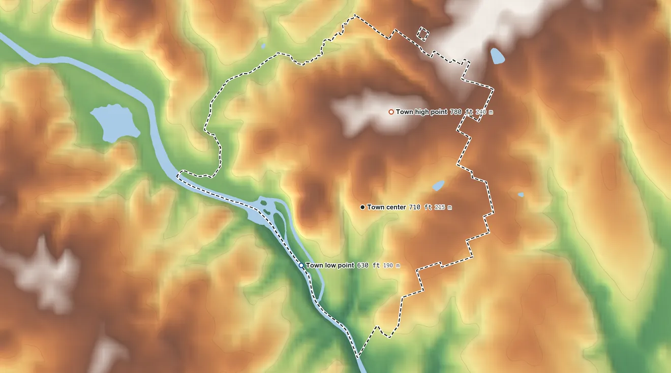 Topographic elevation map of Cooleemee, North Carolina, shaded from 630 ft on the southwest side to 780 ft on the north side