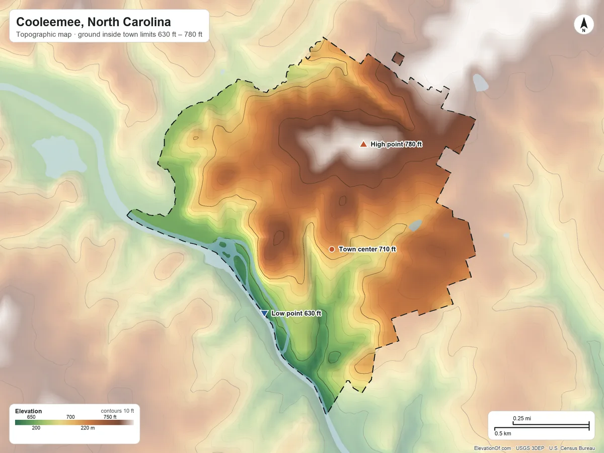 Topographic elevation map of Cooleemee, North Carolina, shaded from 630 ft on the southwest side to 780 ft on the north side