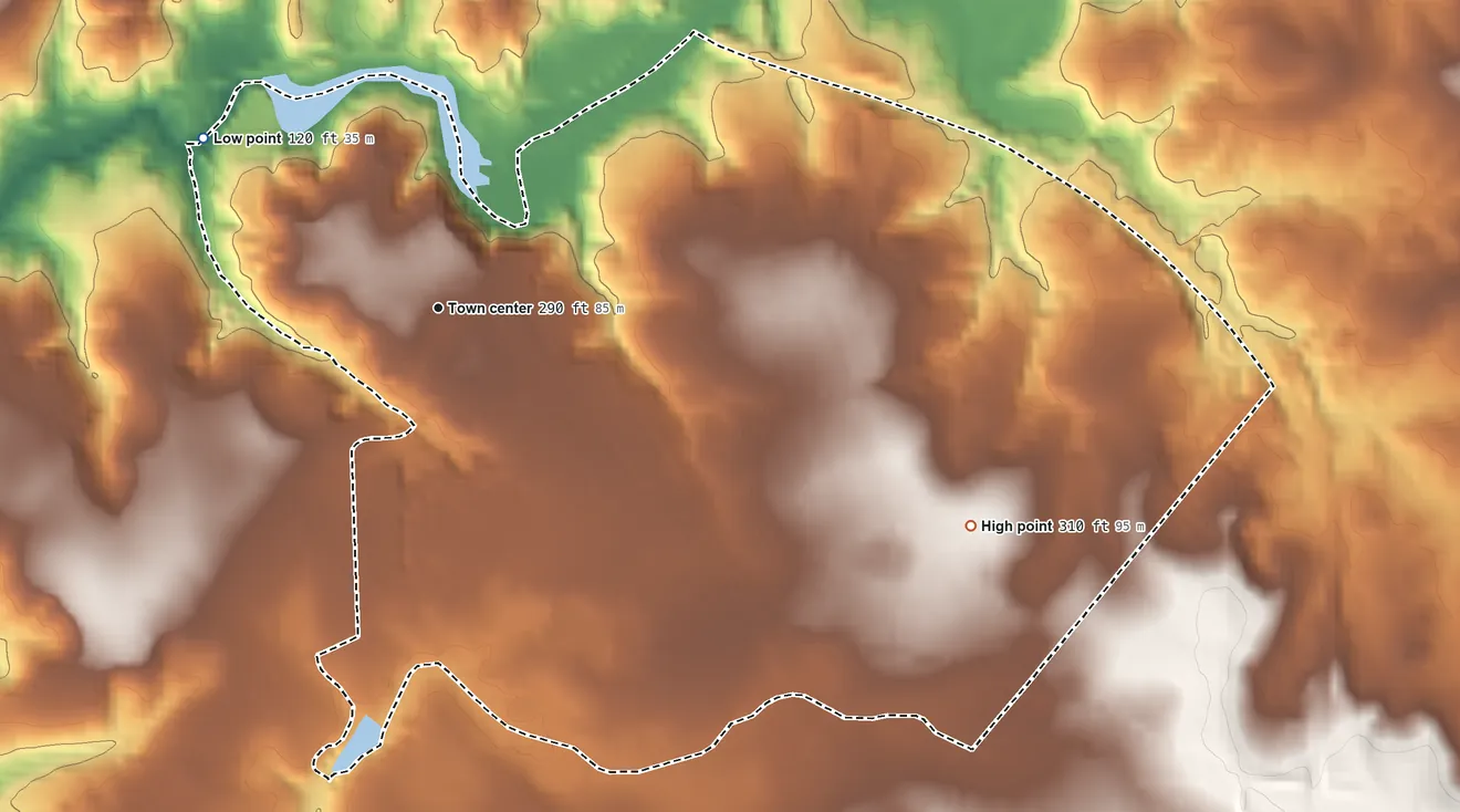 Topographic elevation map of Cordova, North Carolina, shaded from 120 ft on the northwest side to 310 ft on the east side