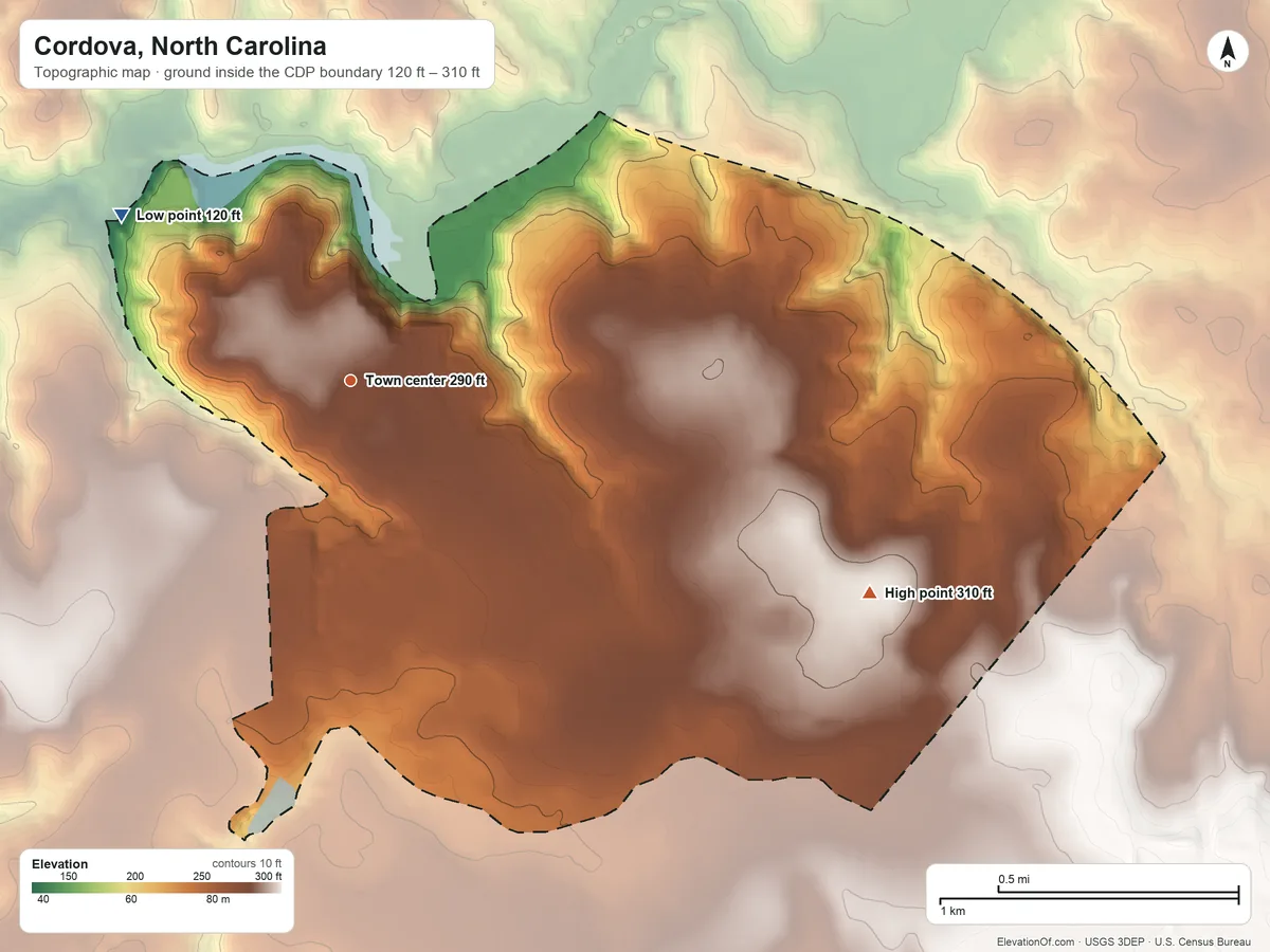 Topographic elevation map of Cordova, North Carolina, shaded from 120 ft on the northwest side to 310 ft on the east side