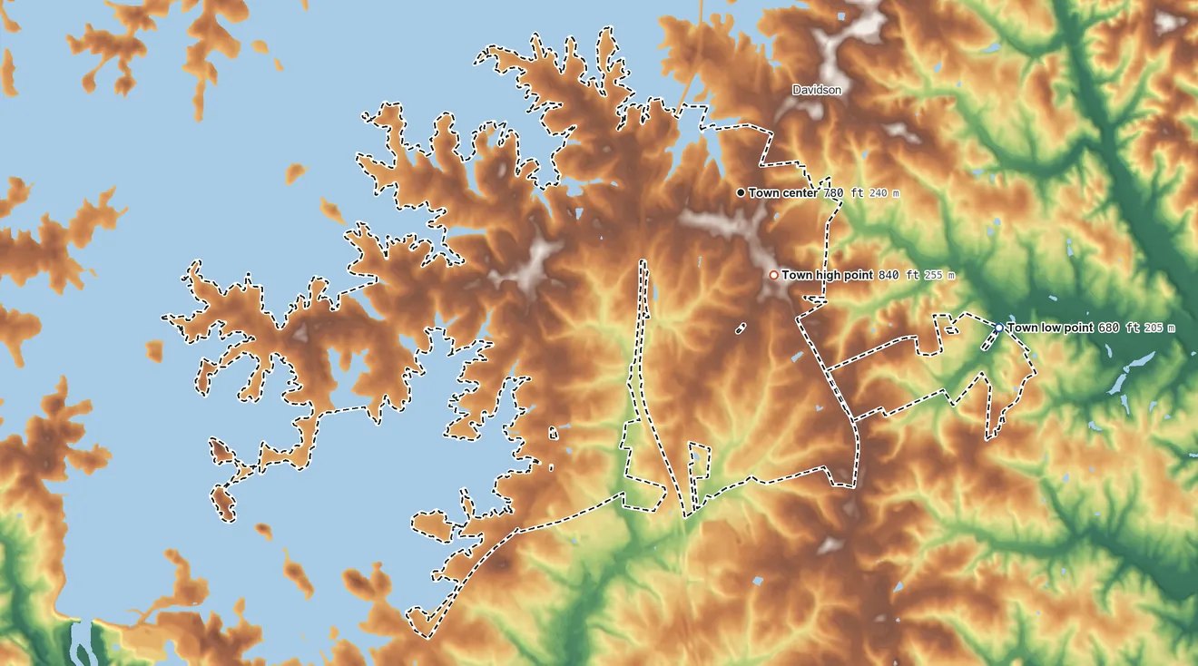 Topographic elevation map of Cornelius, North Carolina, shaded from 680 ft on the southeast side to 840 ft near the middle