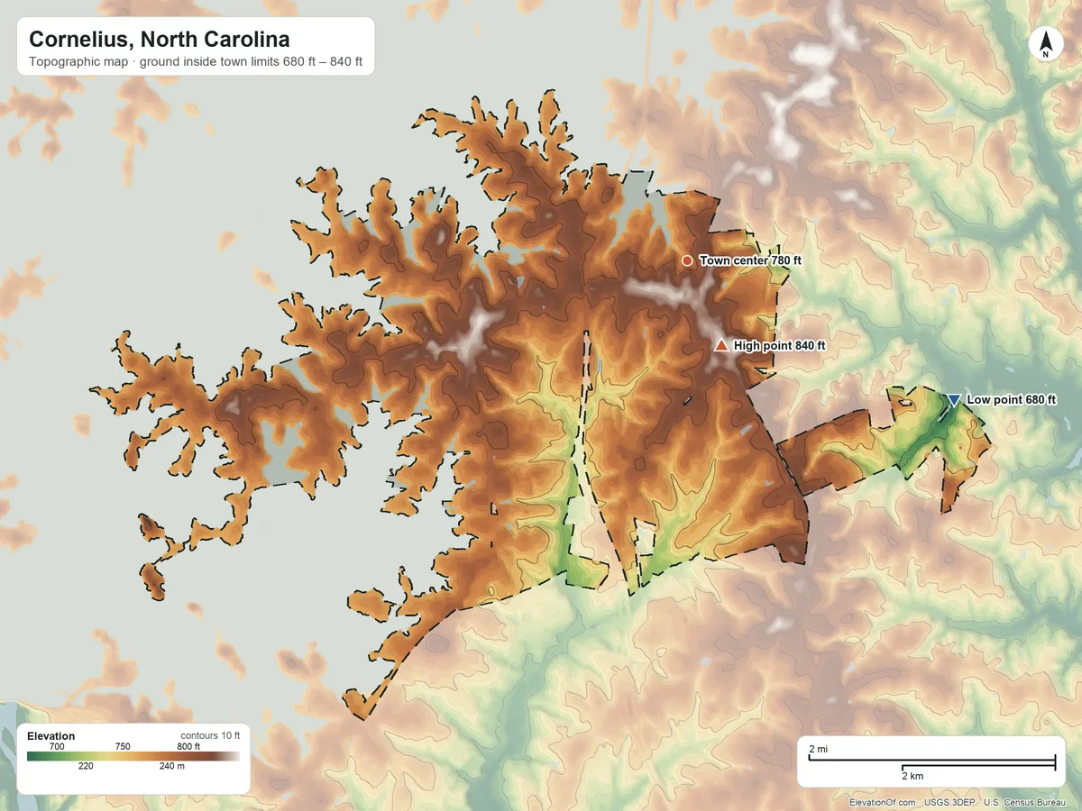 Topographic elevation map of Cornelius, North Carolina, shaded from 680 ft on the southeast side to 840 ft near the middle