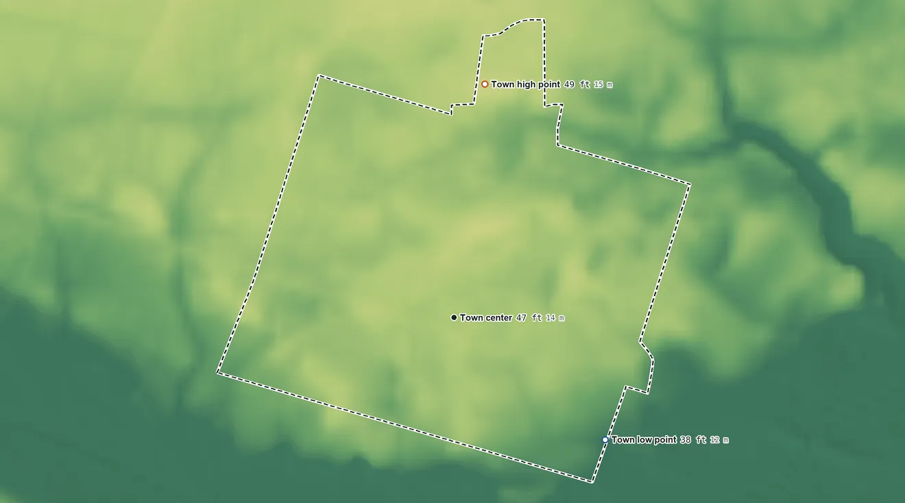 Topographic elevation map of Cove City, North Carolina, shaded from 38 ft on the southeast side to 49 ft on the north side
