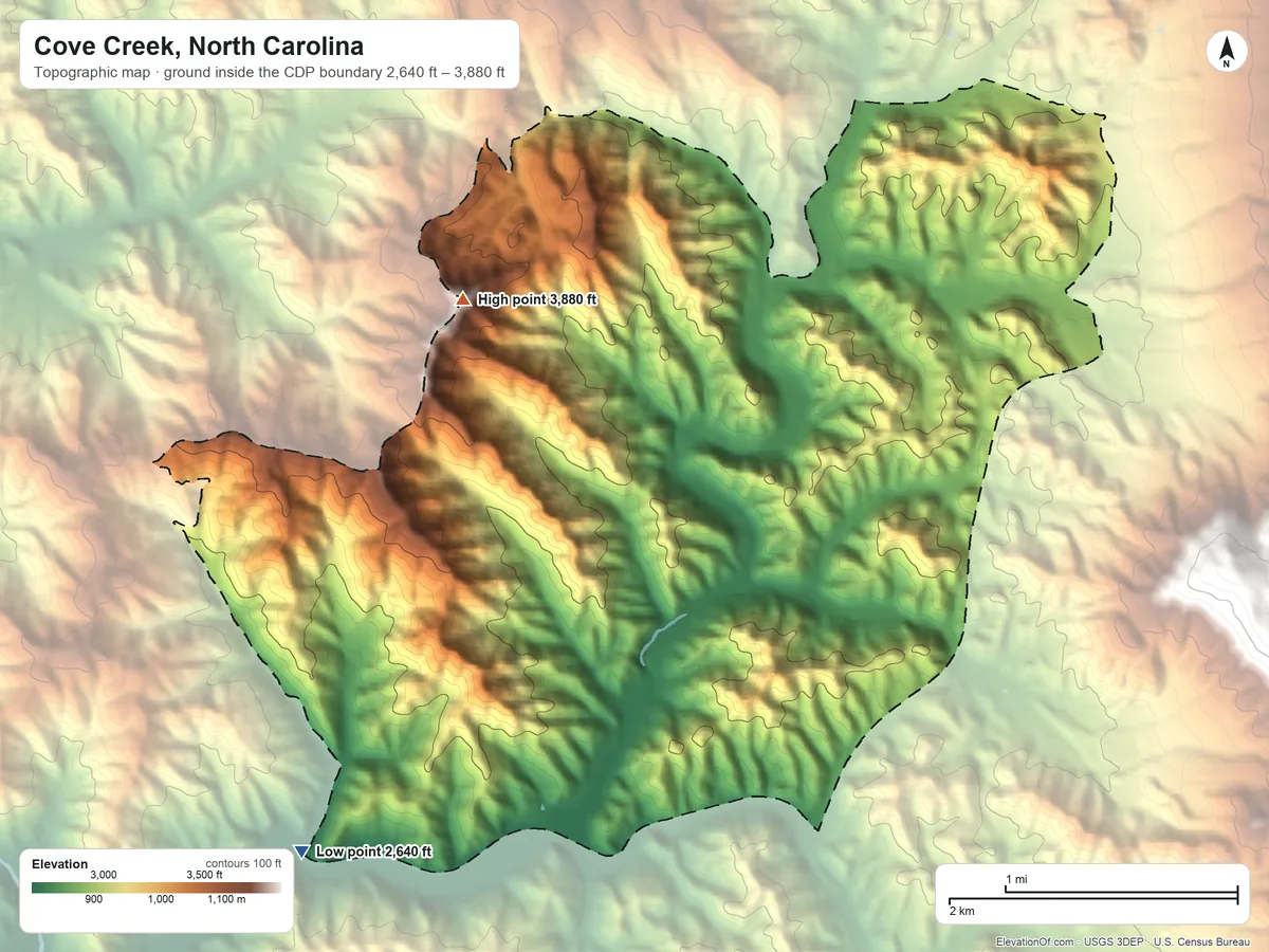 Topographic elevation map of Cove Creek, North Carolina, shaded from 2,640 ft on the southwest side to 3,880 ft on Prophet Knob