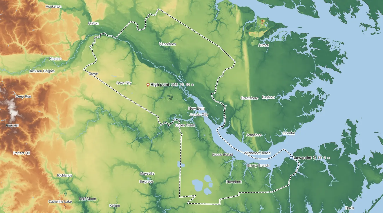 Topographic elevation map of Craven County, North Carolina, shaded from sea level on the Intracoastal Waterway to 160 ft on the northwest side