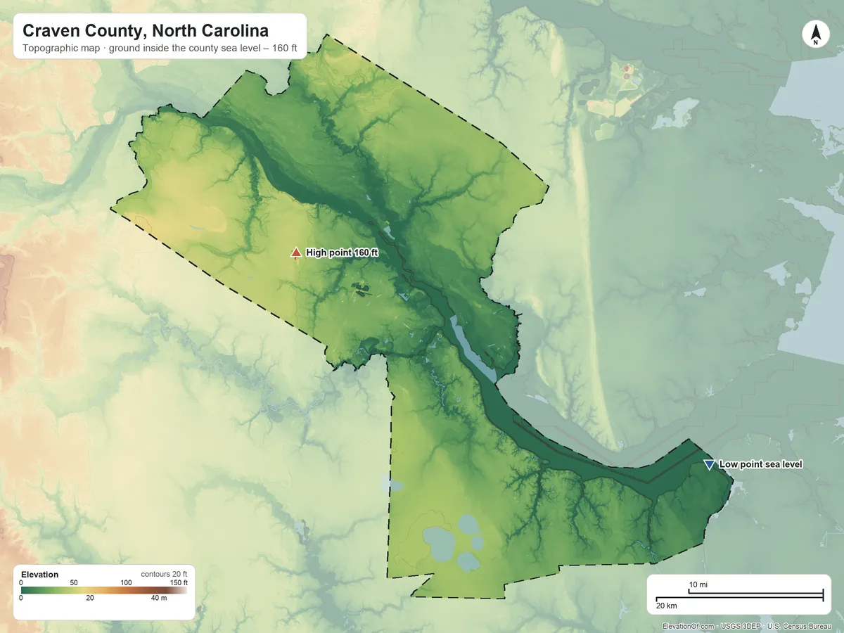 Topographic elevation map of Craven County, North Carolina, shaded from sea level on the Intracoastal Waterway to 160 ft on the northwest side