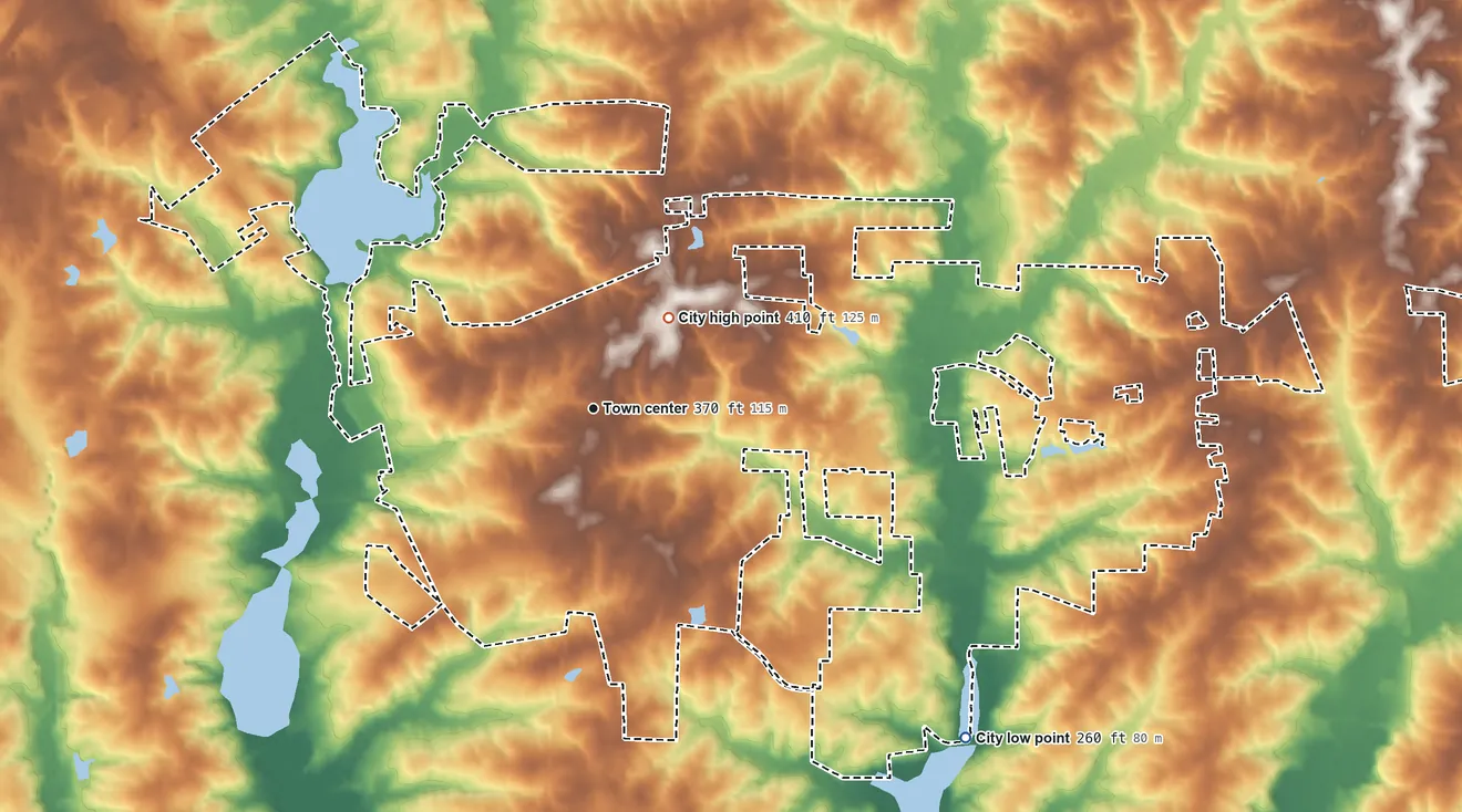 Topographic elevation map of Creedmoor, North Carolina, shaded from 260 ft on the southeast side to 410 ft near the middle