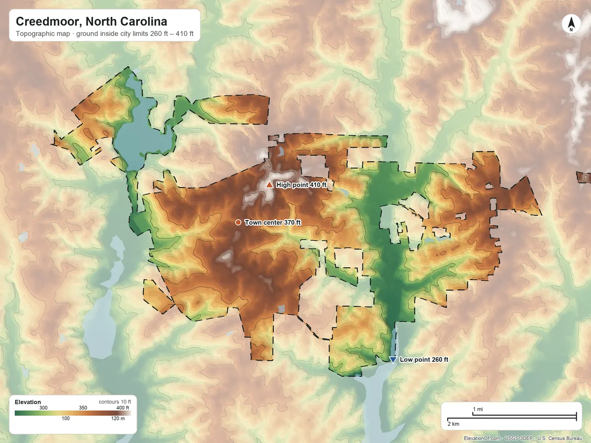 Topographic elevation map of Creedmoor, North Carolina, shaded from 260 ft on the southeast side to 410 ft near the middle