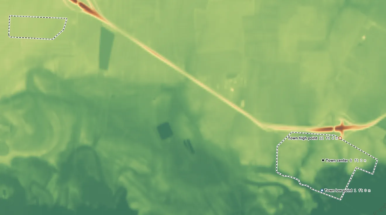 Topographic elevation map of Creswell, North Carolina, shaded from 1 ft near the middle to 12 ft near the middle
