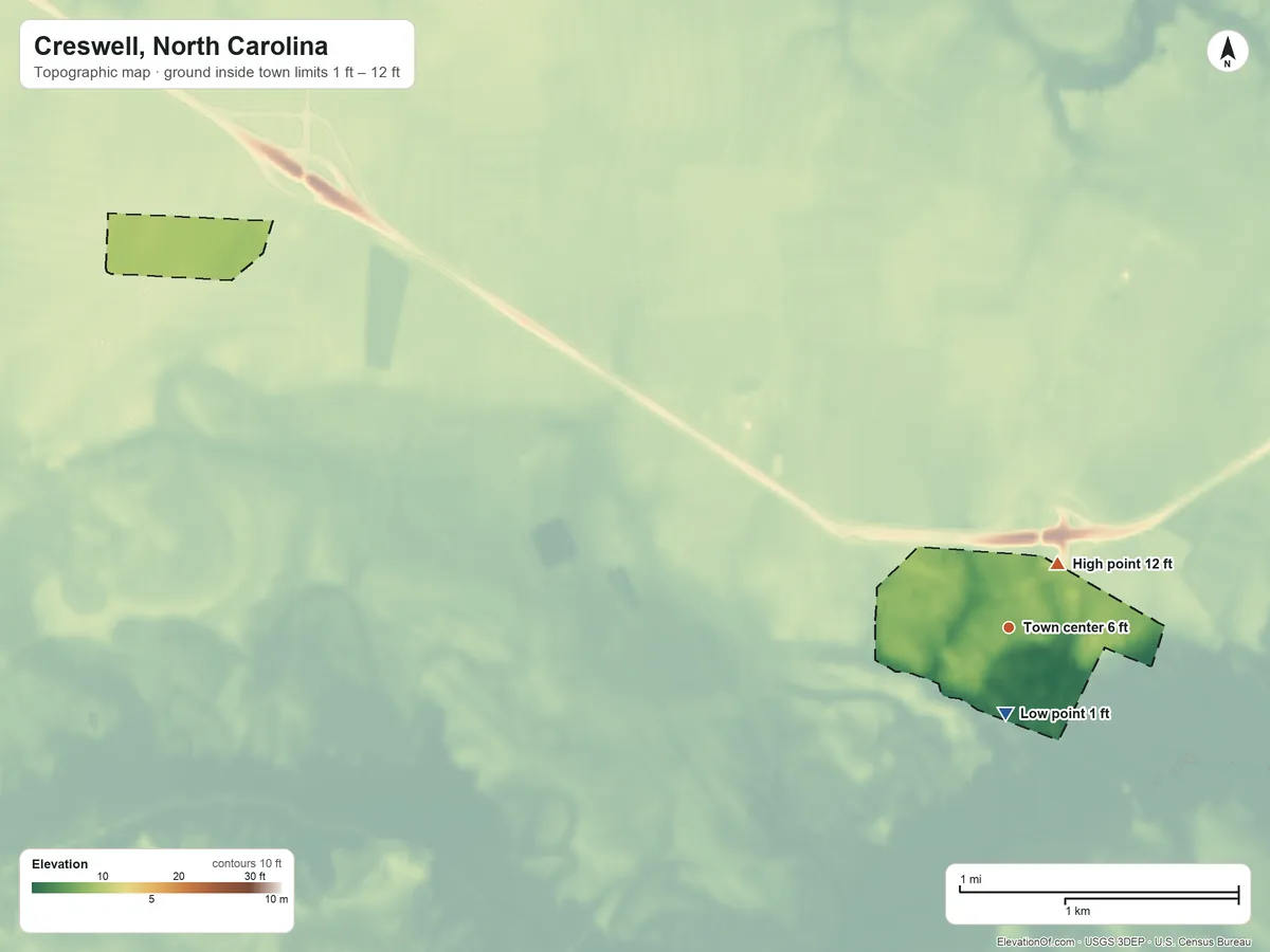 Topographic elevation map of Creswell, North Carolina, shaded from 1 ft near the middle to 12 ft near the middle