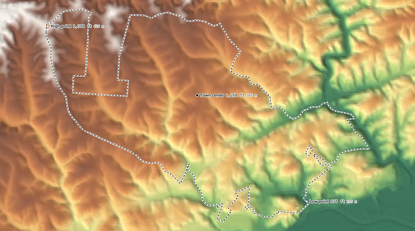 Topographic elevation map of Cricket, North Carolina, shaded from 970 ft on the southeast side to 1,380 ft on the northwest side