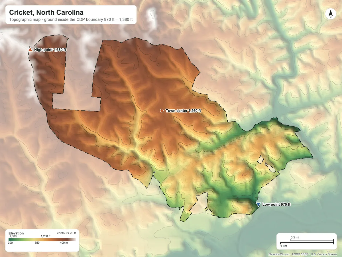 Topographic elevation map of Cricket, North Carolina, shaded from 970 ft on the southeast side to 1,380 ft on the northwest side