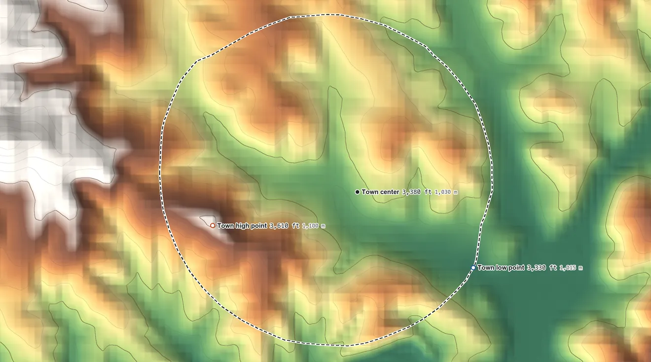 Topographic elevation map of Crossnore, North Carolina, shaded from 3,330 ft on the southeast side to 3,610 ft on the west edge, below higher ground just outside