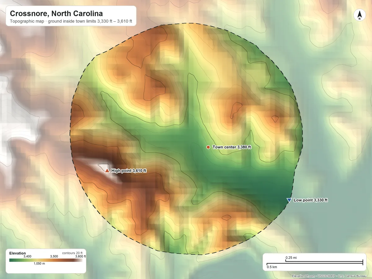 Topographic elevation map of Crossnore, North Carolina, shaded from 3,330 ft on the southeast side to 3,610 ft on the west edge, below higher ground just outside