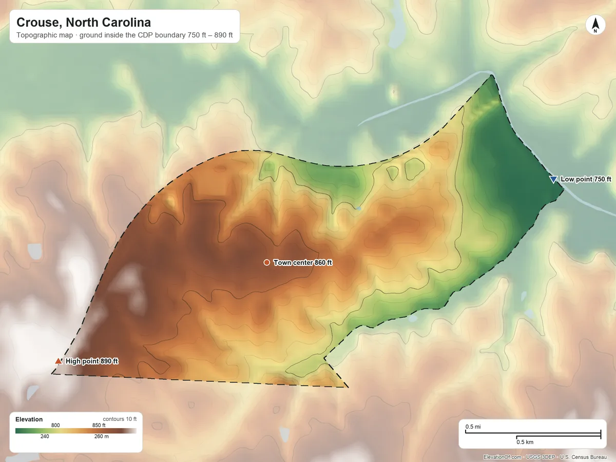 Topographic elevation map of Crouse, North Carolina, shaded from 750 ft on the east side to 890 ft on the southwest side