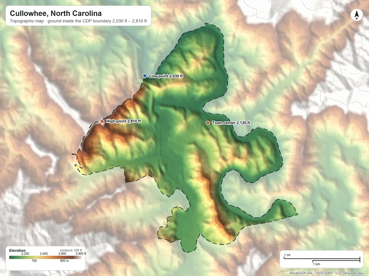 Topographic elevation map of Cullowhee, North Carolina, shaded from 2,030 ft on the northwest side to 2,810 ft at the foot of the Cowee Mountains