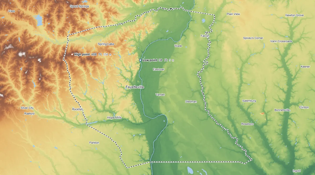 Topographic elevation map of Cumberland County, North Carolina, shaded from 30 ft on the northwest side to 480 ft on the west side