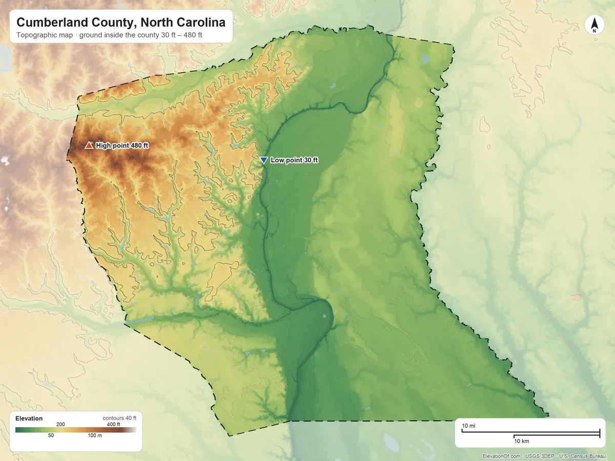 Topographic elevation map of Cumberland County, North Carolina, shaded from 30 ft on the northwest side to 480 ft on the west side