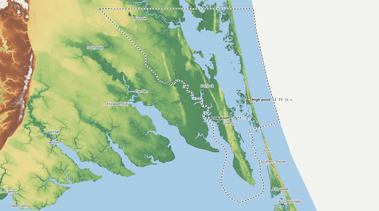 Topographic elevation map of Currituck County, North Carolina, shaded from 2 ft below sea level near the middle to 51 ft on Three Dunes