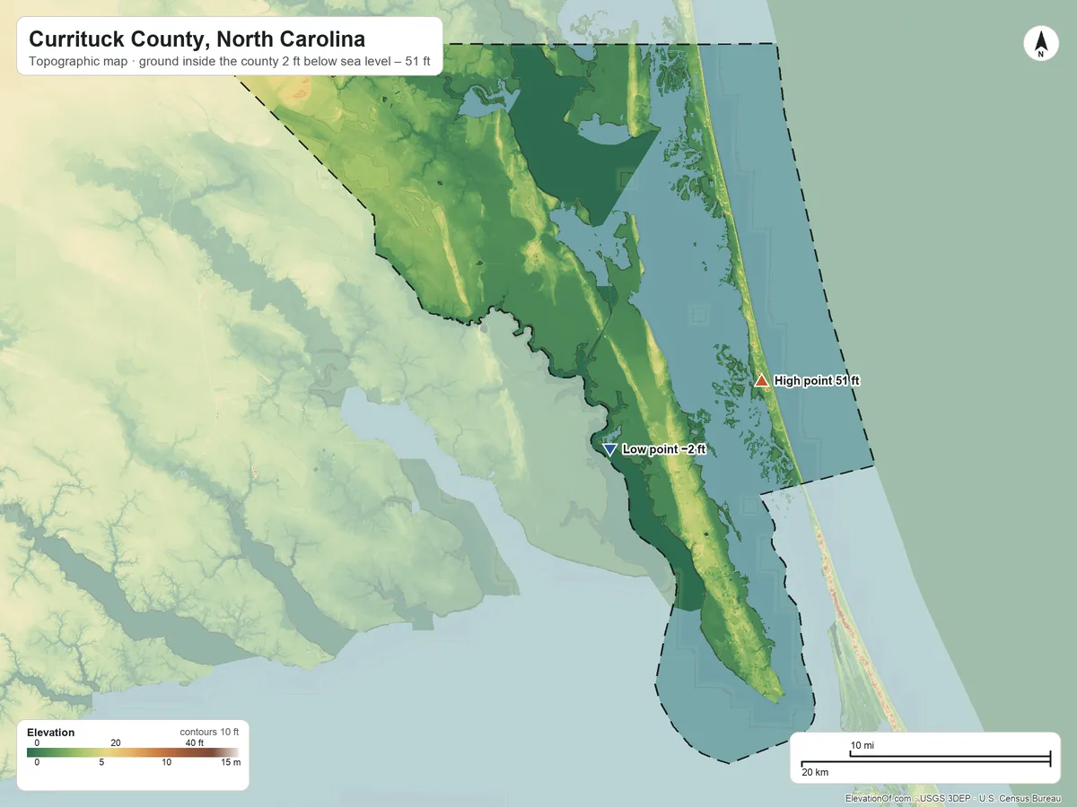 Topographic elevation map of Currituck County, North Carolina, shaded from 2 ft below sea level near the middle to 51 ft on Three Dunes
