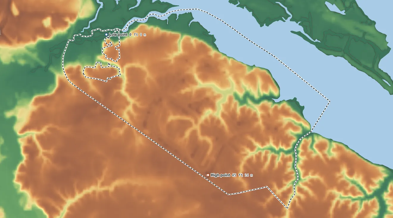 Topographic elevation map of Cypress Landing, North Carolina, shaded from sea level level on Sidney Creek to 45 ft on the southeast side