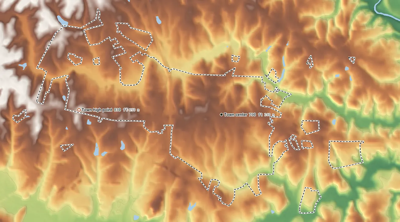 Topographic elevation map of Dallas, North Carolina, shaded from 640 ft on the northeast side to 830 ft on the west side