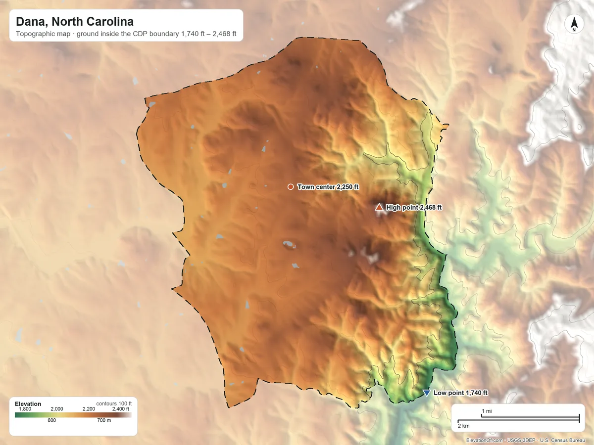 Topographic elevation map of Dana, North Carolina, shaded from 1,740 ft on the southeast side to 2,468 ft on Kings Mountain