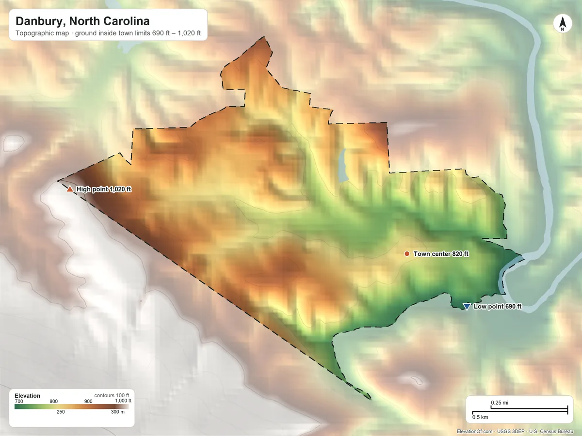 Topographic elevation map of Danbury, North Carolina, shaded from 690 ft on the southeast side to 1,020 ft on the west edge, below higher ground just outside