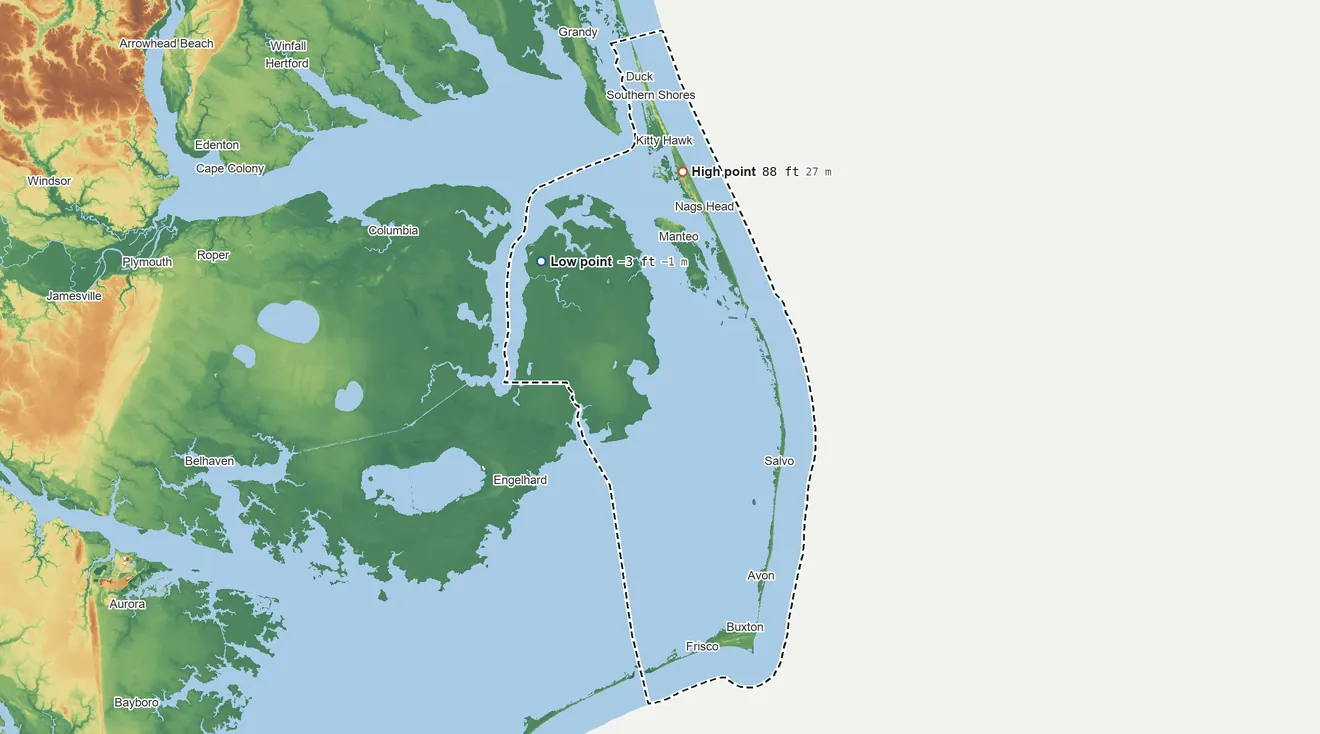 Topographic elevation map of Dare County, North Carolina, shaded from 3 ft below sea level on the northwest side to 88 ft on Kill Devil Hills