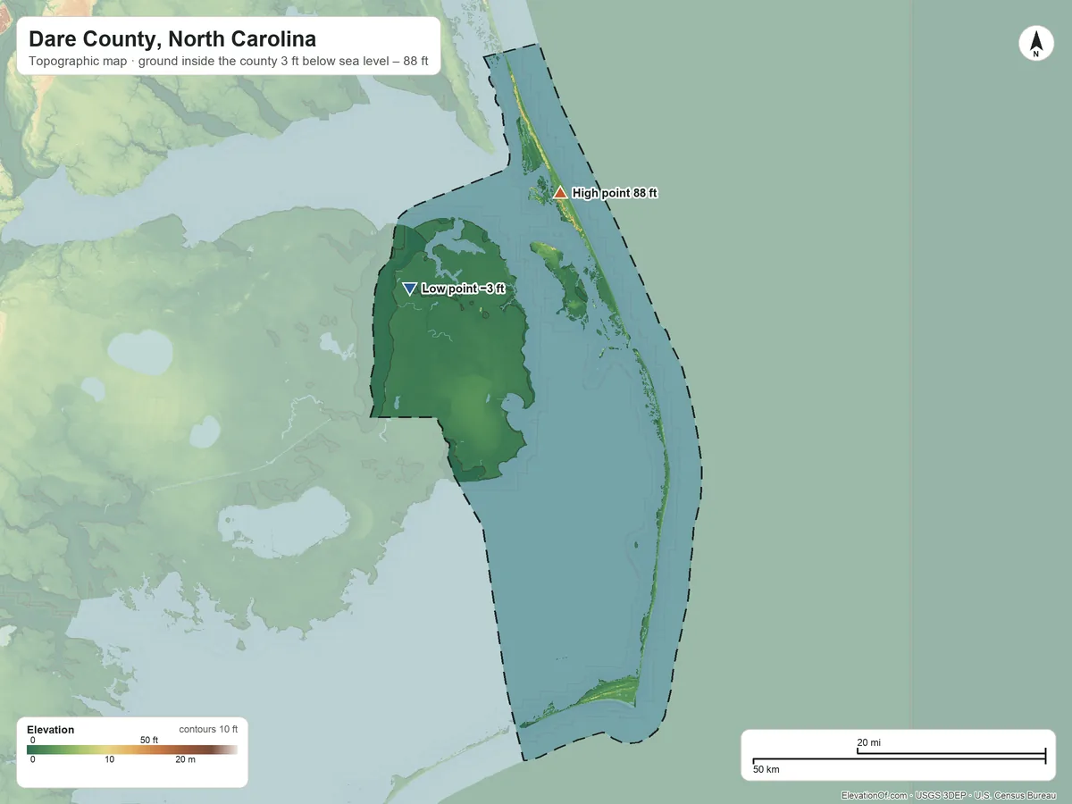 Topographic elevation map of Dare County, North Carolina, shaded from 3 ft below sea level on the northwest side to 88 ft on Kill Devil Hills