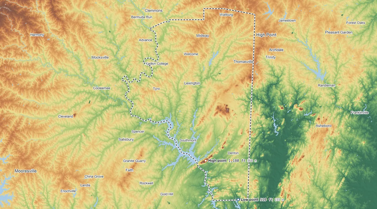 Topographic elevation map of Davidson County, North Carolina, shaded from 510 ft on the southeast side to 1,180 ft on High Rock Mountain