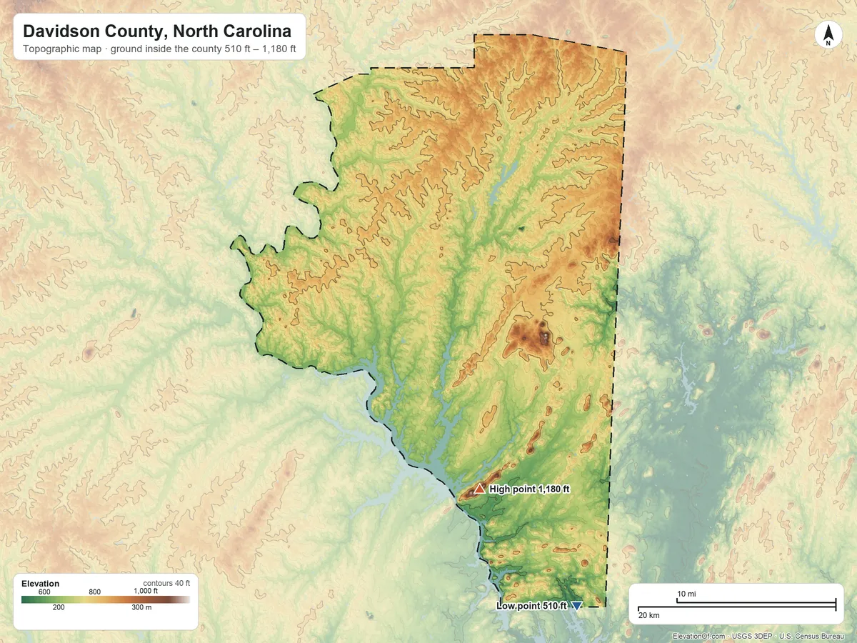 Topographic elevation map of Davidson County, North Carolina, shaded from 510 ft on the southeast side to 1,180 ft on High Rock Mountain