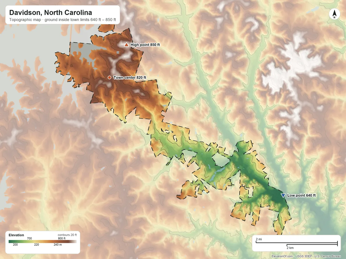 Topographic elevation map of Davidson, North Carolina, shaded from 640 ft on the southeast side to 850 ft on the northeast side