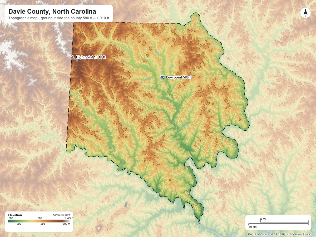Topographic elevation map of Davie County, North Carolina, shaded from 580 ft on the north side to 1,010 ft on the northwest side
